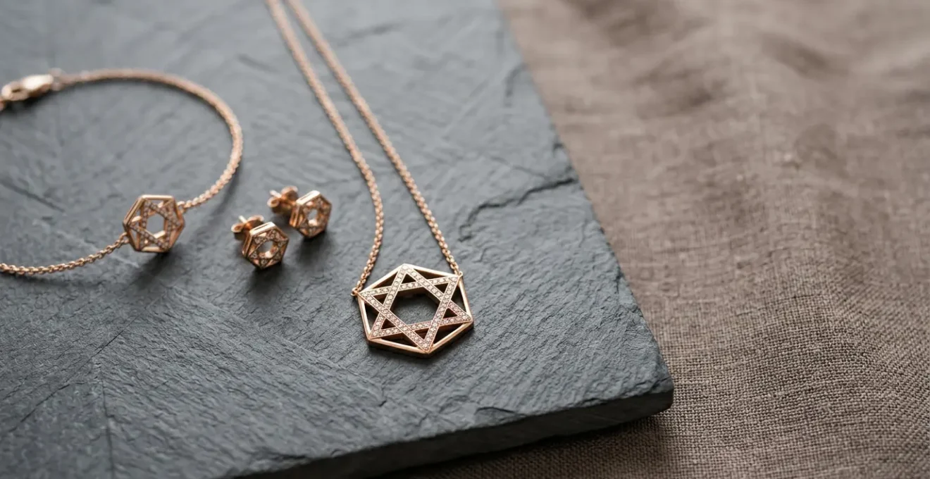 Composición elegante de collar, pendientes y pulsera formando un aderezo armonioso sin parecer disfraz