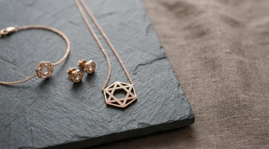 Composición elegante de collar, pendientes y pulsera formando un aderezo armonioso sin parecer disfraz