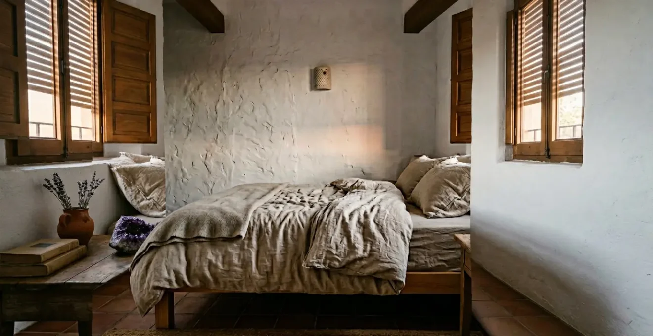 Drusa de amatista violeta sobre mesita de noche en dormitorio sereno con luz suave