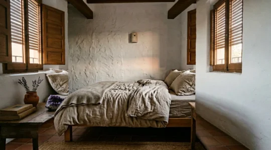 Drusa de amatista violeta sobre mesita de noche en dormitorio sereno con luz suave
