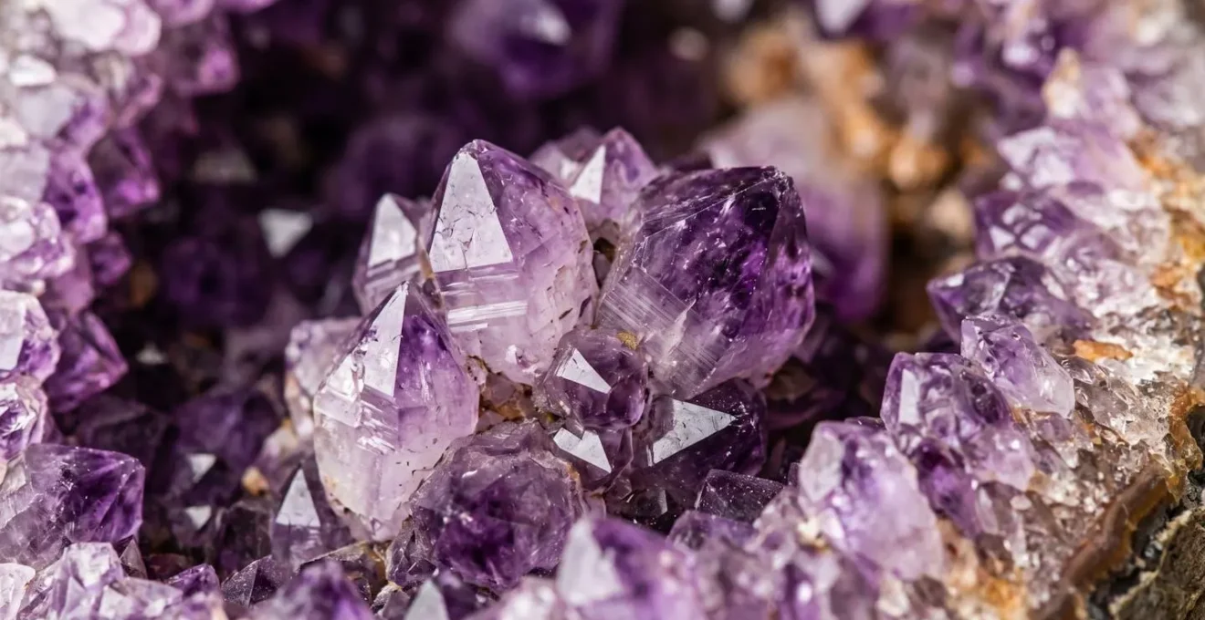 Geoda de amatista natural mostrando cristales violetas en detalle macro con iluminación suave para meditación