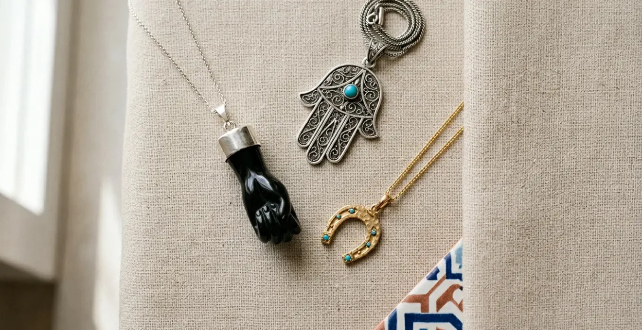 Composición elegante de amuletos españoles como azabache, mano de Fátima y herradura presentados como joyas refinadas