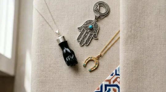 Composición elegante de amuletos españoles como azabache, mano de Fátima y herradura presentados como joyas refinadas