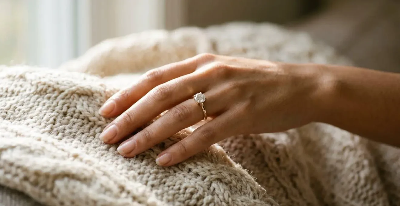 Perspectiva cercana de mano con anillo junto a tejido de lana mostrando interacción práctica