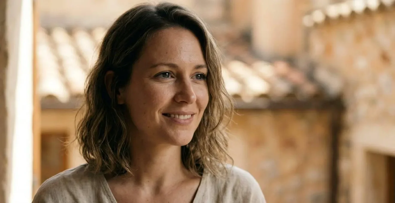 Mujer española con piel radiante natural reflejando luz suave en ambiente mediterráneo