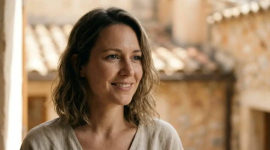 Mujer española con piel radiante natural reflejando luz suave en ambiente mediterráneo