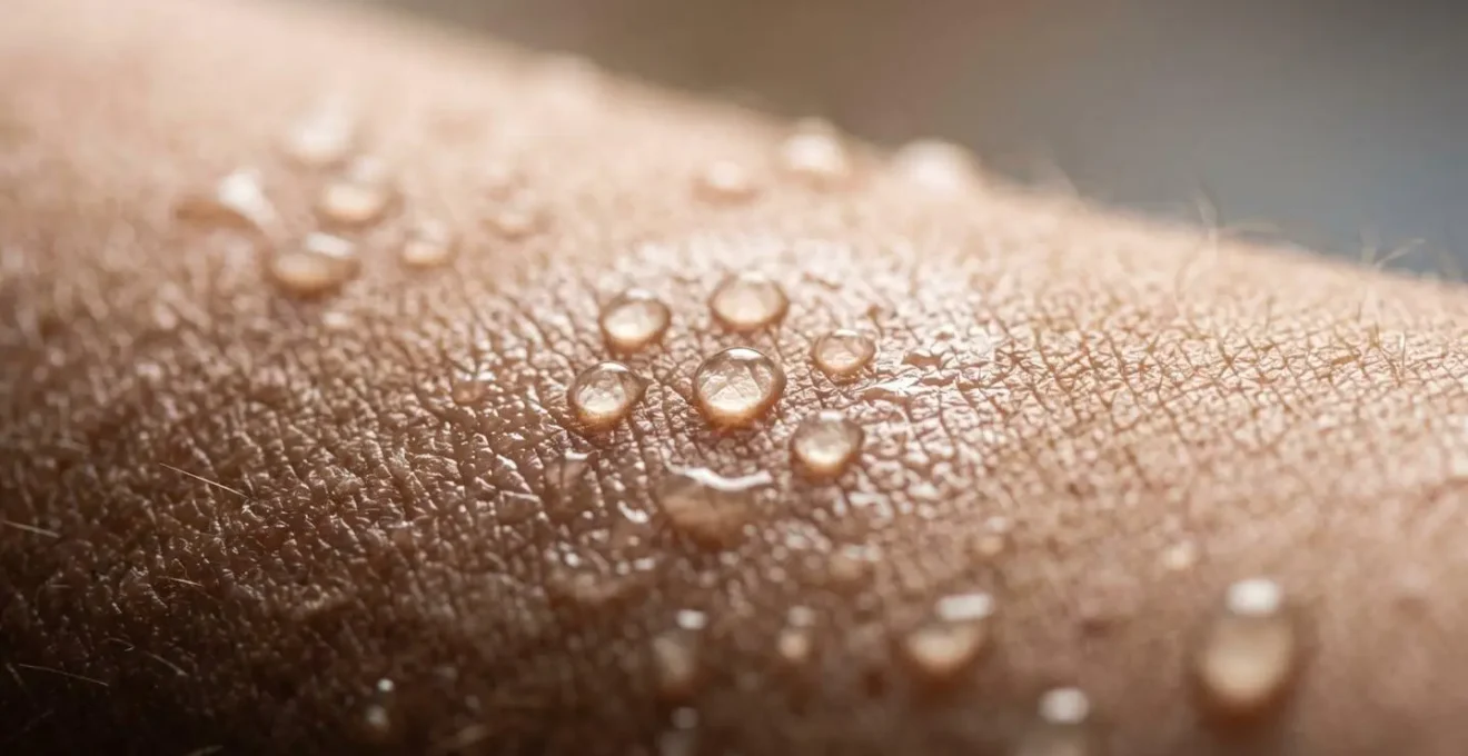 Macro extremo de gotas de agua sobre superficie de piel humana con textura visible, iluminación dramática que crea contraste entre zonas hidratadas y secas