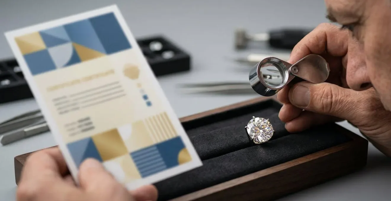 Gemólogo profesional examinando certificado gemológico GIA de diamante con lupa en laboratorio español