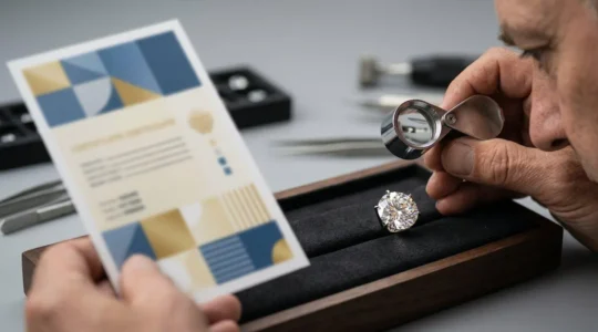 Gemólogo profesional examinando certificado gemológico GIA de diamante con lupa en laboratorio español