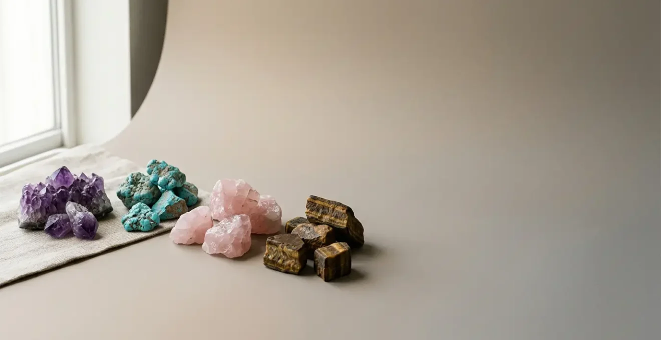 Piedras naturales y cristales sobre superficie neutra con luz natural suave