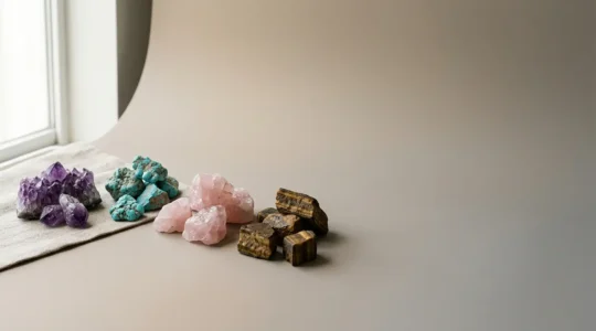 Piedras naturales y cristales sobre superficie neutra con luz natural suave