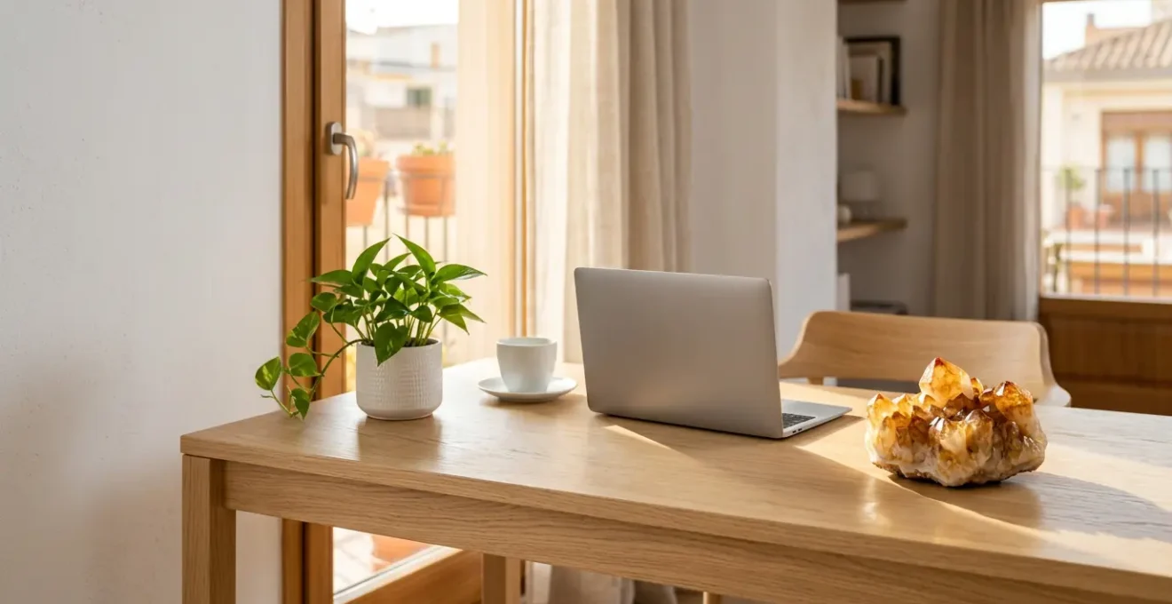 Piedra de citrino natural junto a un espacio de trabajo moderno y luminoso