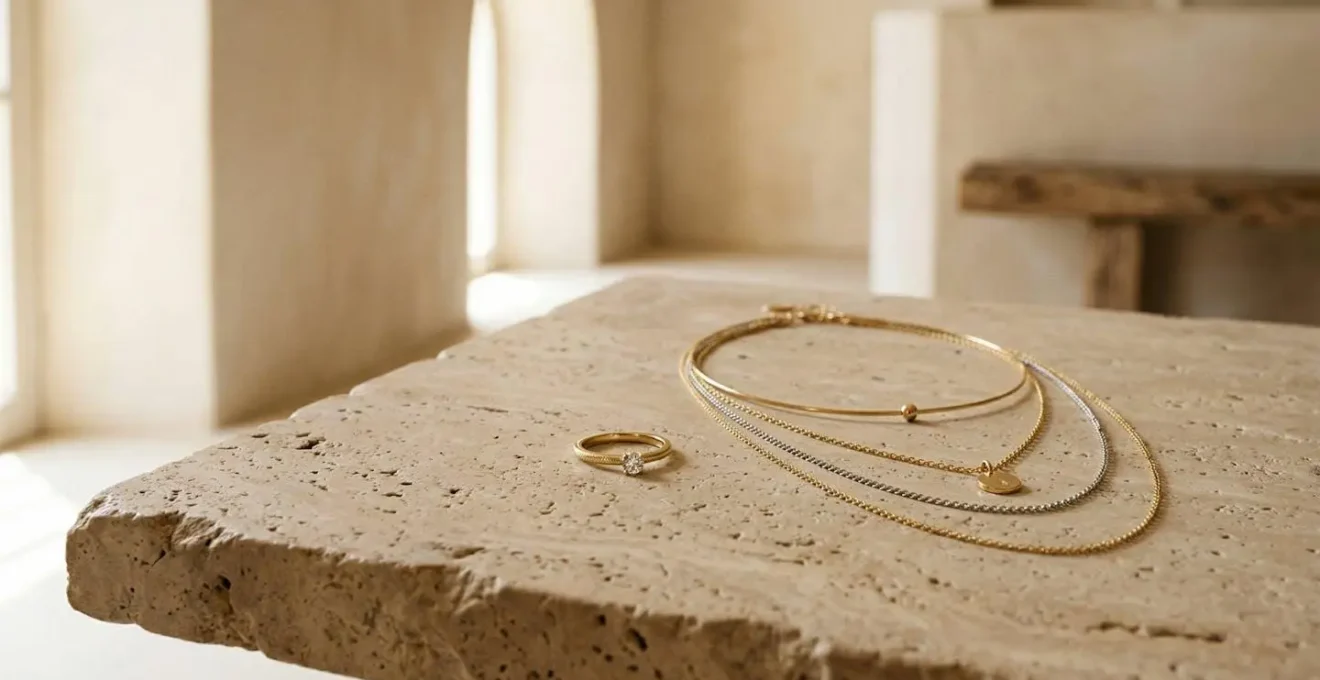 Composición elegante de joyas de alta gama combinadas con estilo sobre fondo minimalista