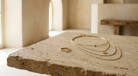 Composición elegante de joyas de alta gama combinadas con estilo sobre fondo minimalista