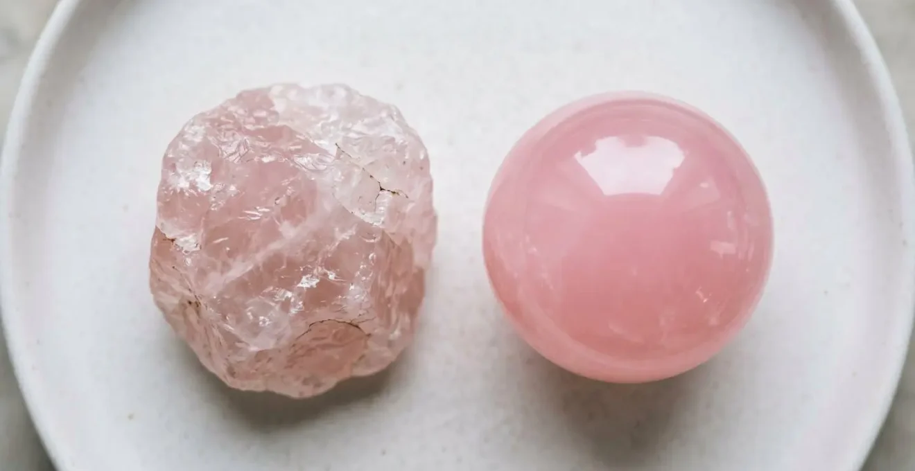 Comparacion visual entre cuarzo rosa autentico con imperfecciones naturales y vidrio teñido uniforme