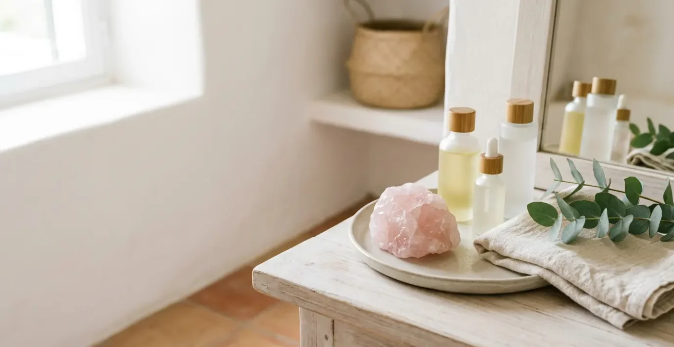 Cuarzo rosa natural sobre superficie minimalista en ritual de autocuidado diario