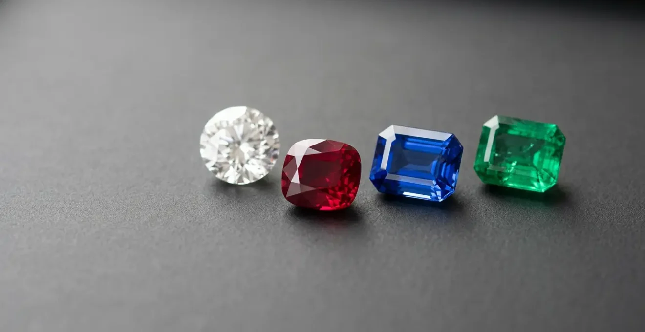 Composición elegante que representa las cuatro piedras preciosas oficiales: diamante, rubí, zafiro y esmeralda