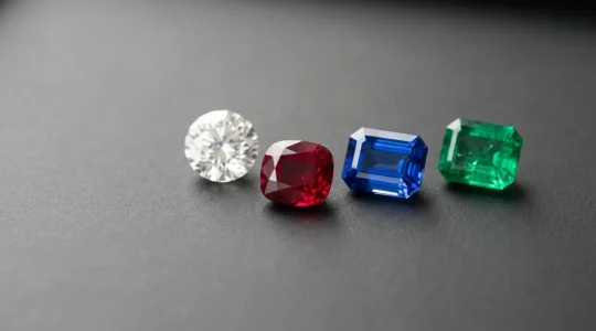 Composición elegante que representa las cuatro piedras preciosas oficiales: diamante, rubí, zafiro y esmeralda