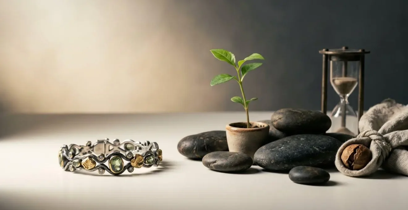 Composición conceptual que representa la elección entre renovar o desechar joyas, simbolizando sostenibilidad versus consumo