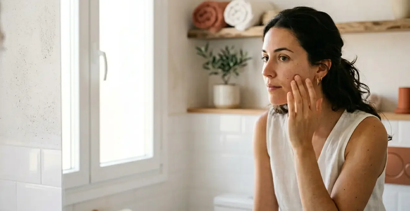 Mujer examinando su rostro con luz natural frente a un espejo en un entorno minimalista español