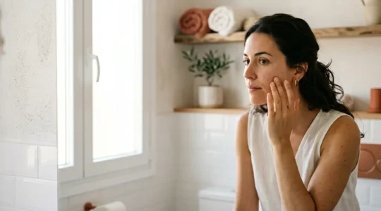 Mujer examinando su rostro con luz natural frente a un espejo en un entorno minimalista español