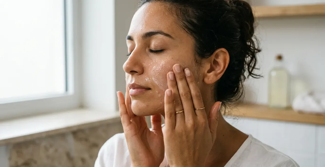 Ritual de limpieza facial con aceite y agua sobre piel radiante y saludable