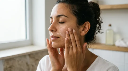 Ritual de limpieza facial con aceite y agua sobre piel radiante y saludable