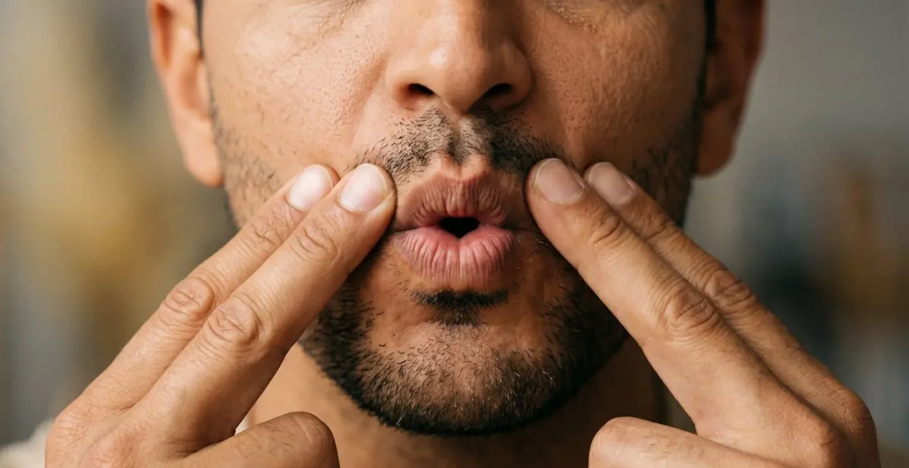 Detalle macro de ejercicio facial de resistencia con dedos sobre labios en posición de O
