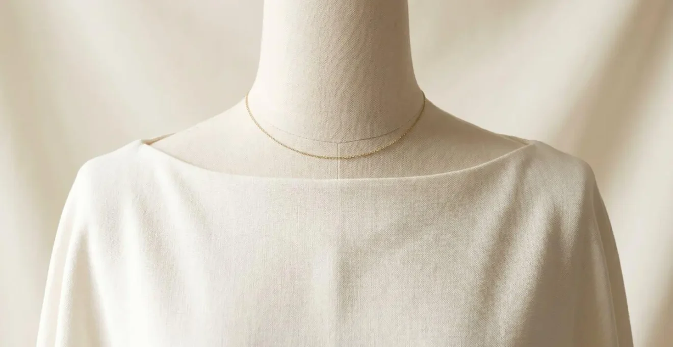 Composición minimalista que muestra la armonía entre un escote barco y una gargantilla delicada en un contexto de moda editorial