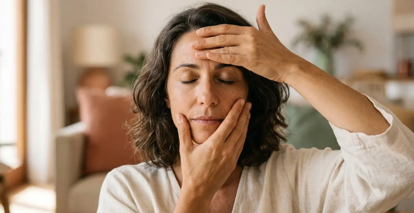 Mujer practicando ejercicios de yoga facial con expresión serena y técnica consciente