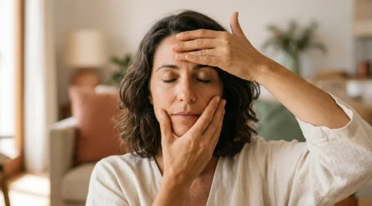Mujer practicando ejercicios de yoga facial con expresión serena y técnica consciente