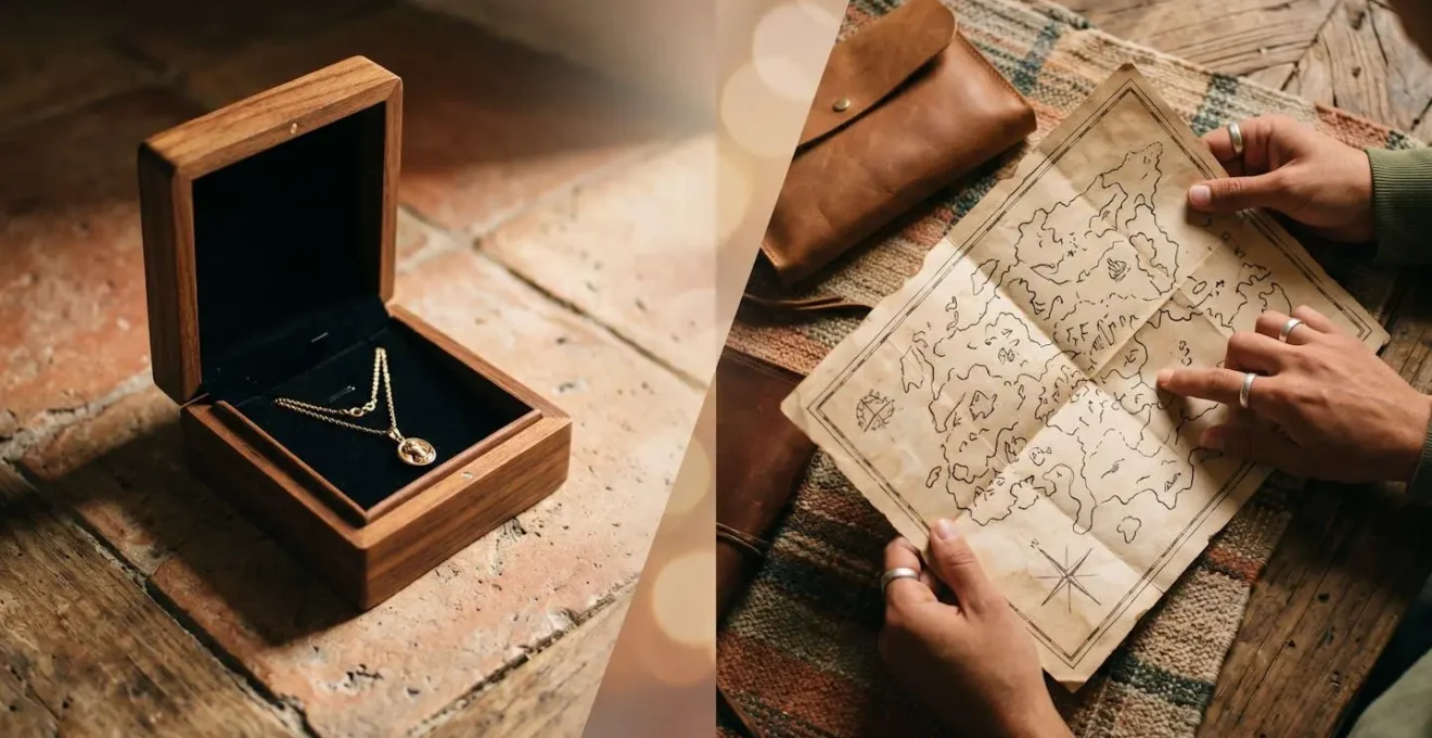 Concepto visual simbólico que representa la elección entre una joya material y una experiencia compartida