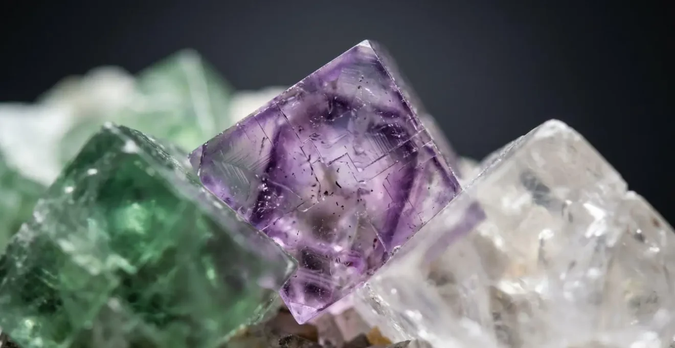 Cristales de fluorita multicolor de yacimientos de Asturias con textura translúcida y claridad característica