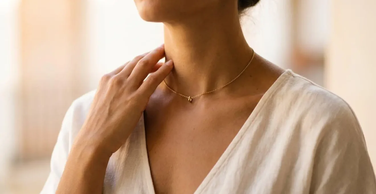 Gargantilla dorada delicada sobre cuello femenino con iluminación natural que evoca la elegancia mediterránea española