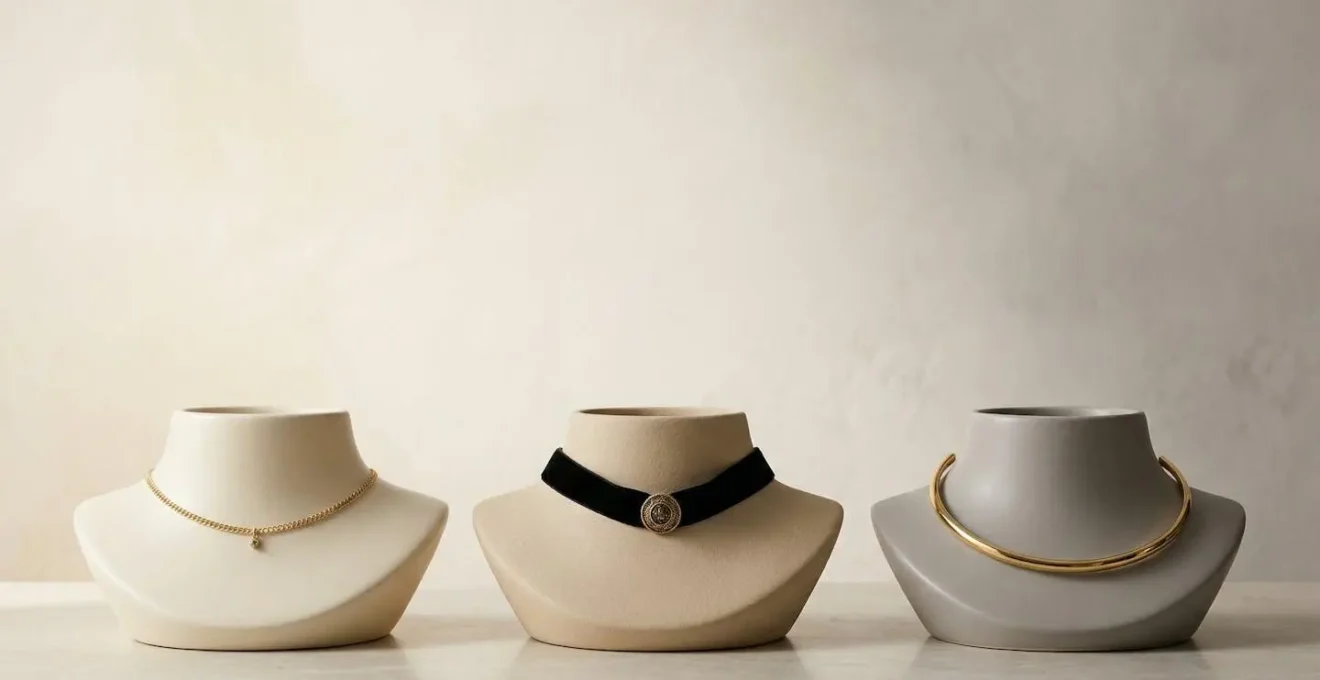 Diferentes estilos de gargantillas elegantes sobre fondo minimalista neutro que muestra la versatilidad de este accesorio de joyería
