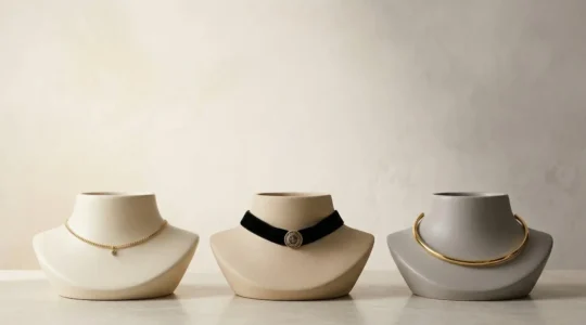 Diferentes estilos de gargantillas elegantes sobre fondo minimalista neutro que muestra la versatilidad de este accesorio de joyería