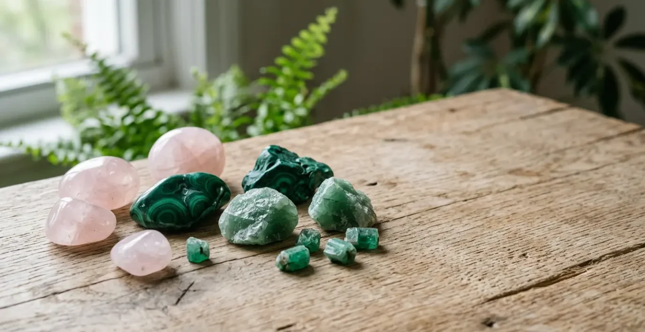 Cristales verdes y rosas dispuestos armoniosamente para activar el chakra del corazón en meditación espiritual