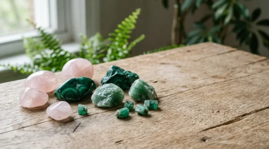 Cristales verdes y rosas dispuestos armoniosamente para activar el chakra del corazón en meditación espiritual