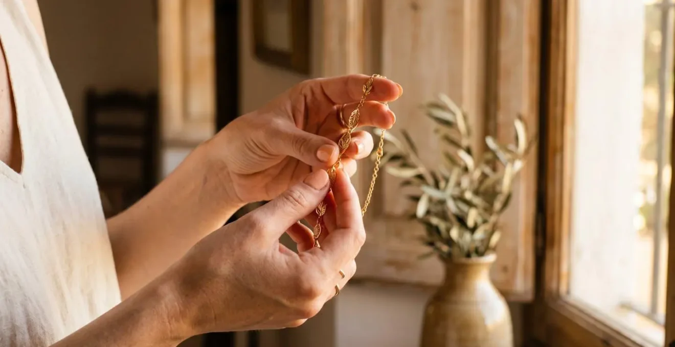 Manos inspeccionando delicadamente una joya dorada bajo luz natural, detectando signos sutiles de desgaste