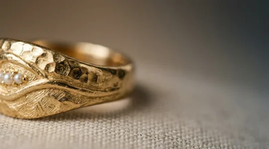 Primer plano detallado de una joya dorada mostrando textura y brillo característicos del baño de oro