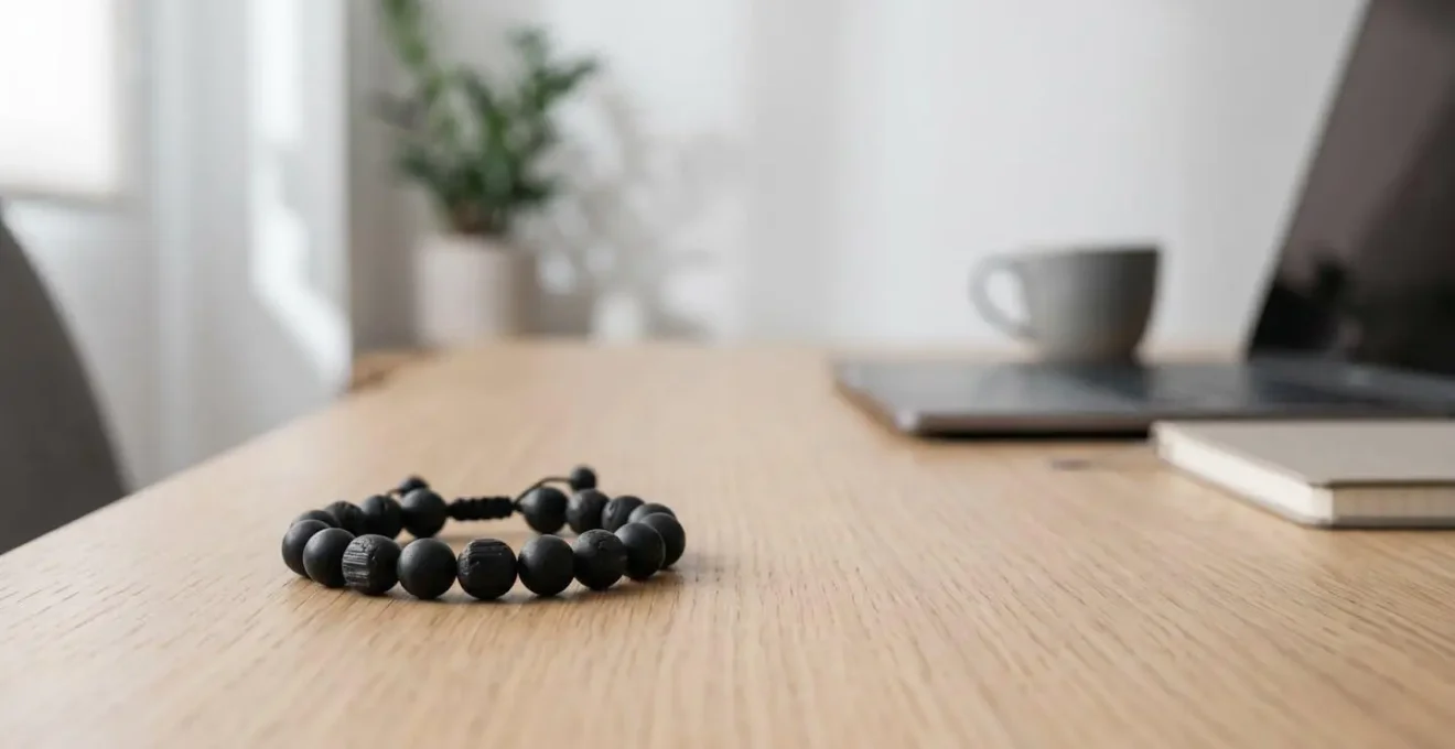 Pulsera minimalista con turmalina negra sobre escritorio de trabajo moderno