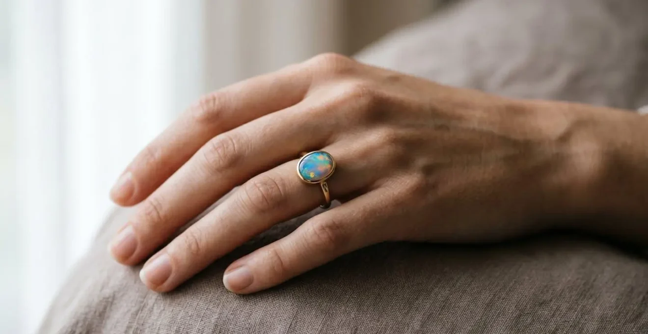 Detalle de un anillo con ópalo montado en engaste de bisel protector