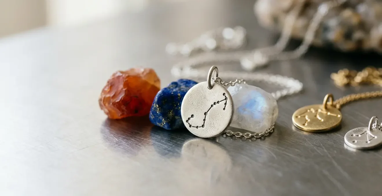 Composición elegante de joyería zodiacal con piedras preciosas naturales y símbolos astrológicos sutiles sobre fondo minimalista