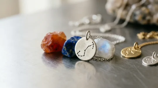 Composición elegante de joyería zodiacal con piedras preciosas naturales y símbolos astrológicos sutiles sobre fondo minimalista