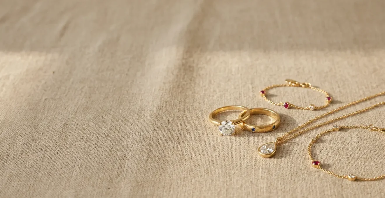 Colección elegante de joyas de aniversario sobre fondo minimalista con espacio negativo para diseño editorial