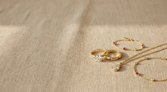 Colección elegante de joyas de aniversario sobre fondo minimalista con espacio negativo para diseño editorial