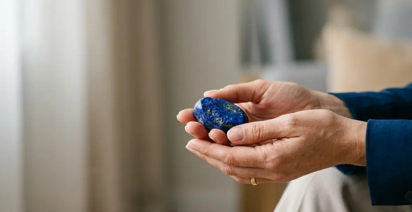 Persona sosteniendo lapislázuli azul intenso en la mano durante momento de calma antes de presentación importante