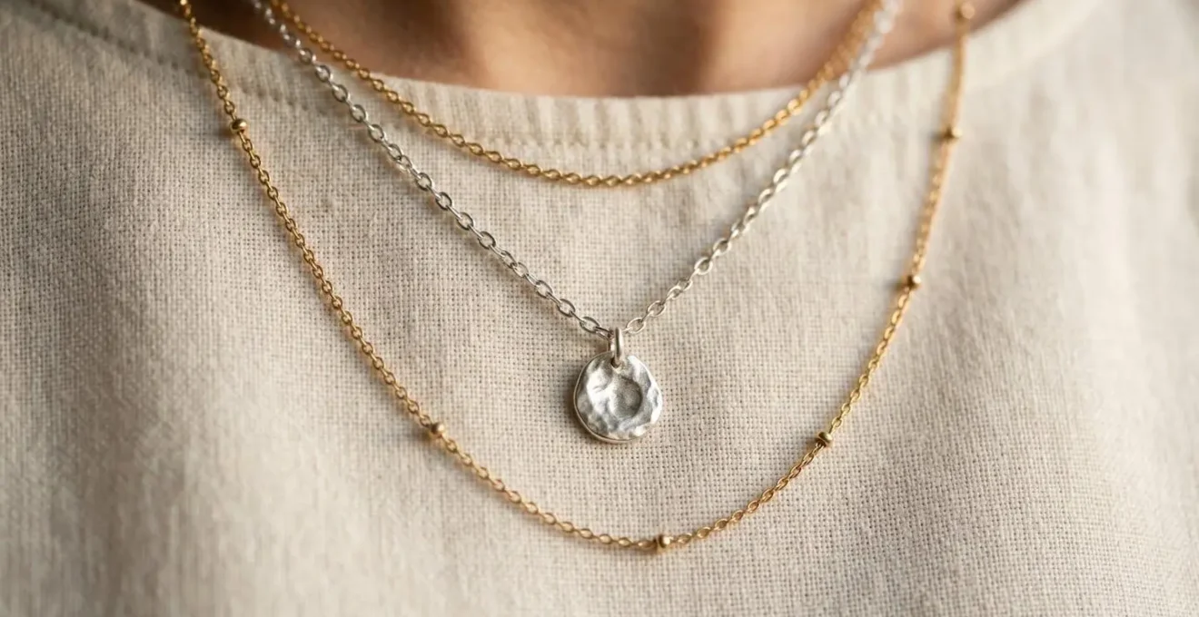 Tres collares de diferentes longitudes superpuestos con armonía sobre escote neutro