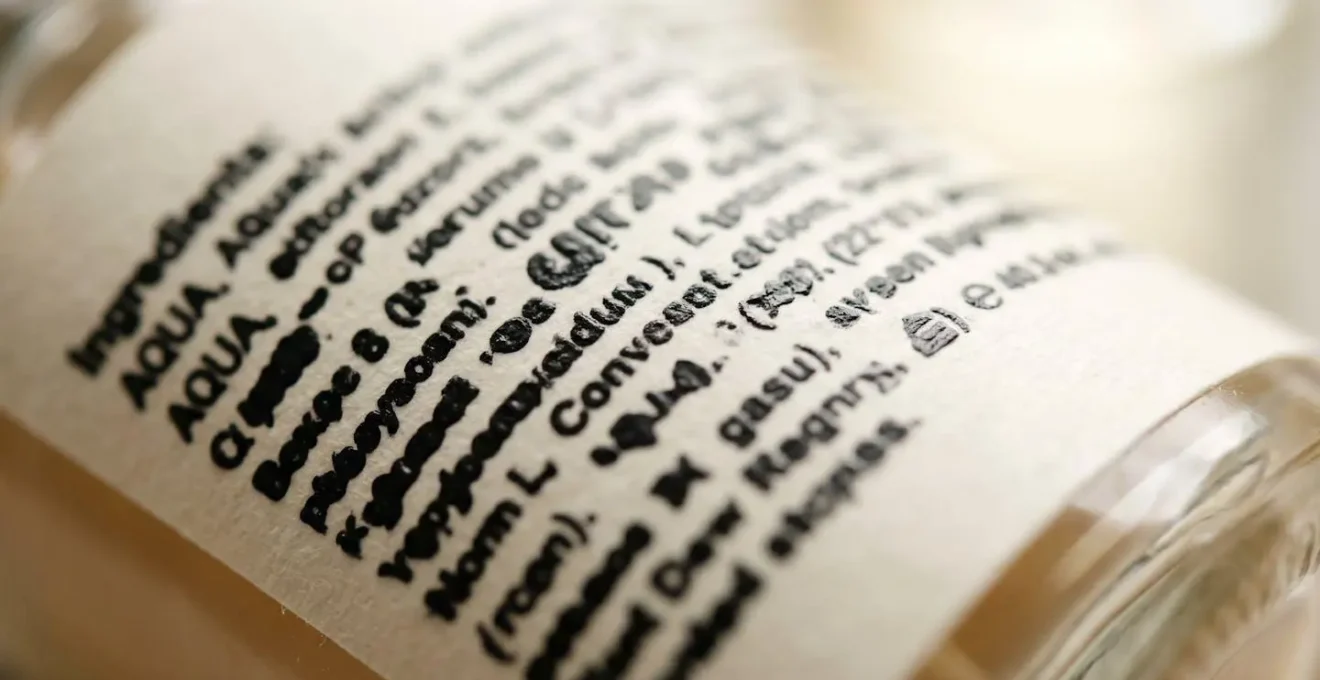 Fotografía macro de una lista de ingredientes INCI en un envase cosmético mostrando la textura del papel y la tipografía clara
