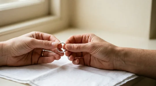 Manos sosteniendo delicadamente una joya de plata mientras la limpian con cuidado en ambiente iluminado naturalmente
